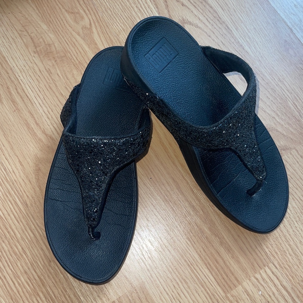 Fitflop Lulu Toe Post Thong Black Sparkly / Glittery Wedge / Ergo Arch Sandals - Picture 3 of 9